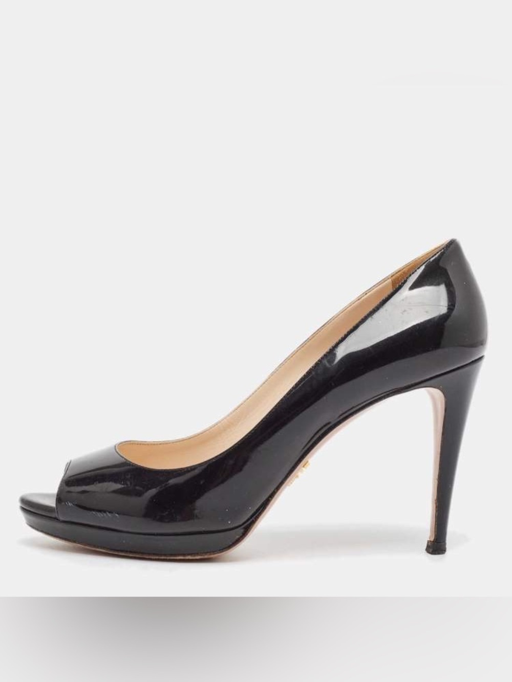 Prada. Vernice Nero Black Patent Peep Toe Platform Heels. Size 8.